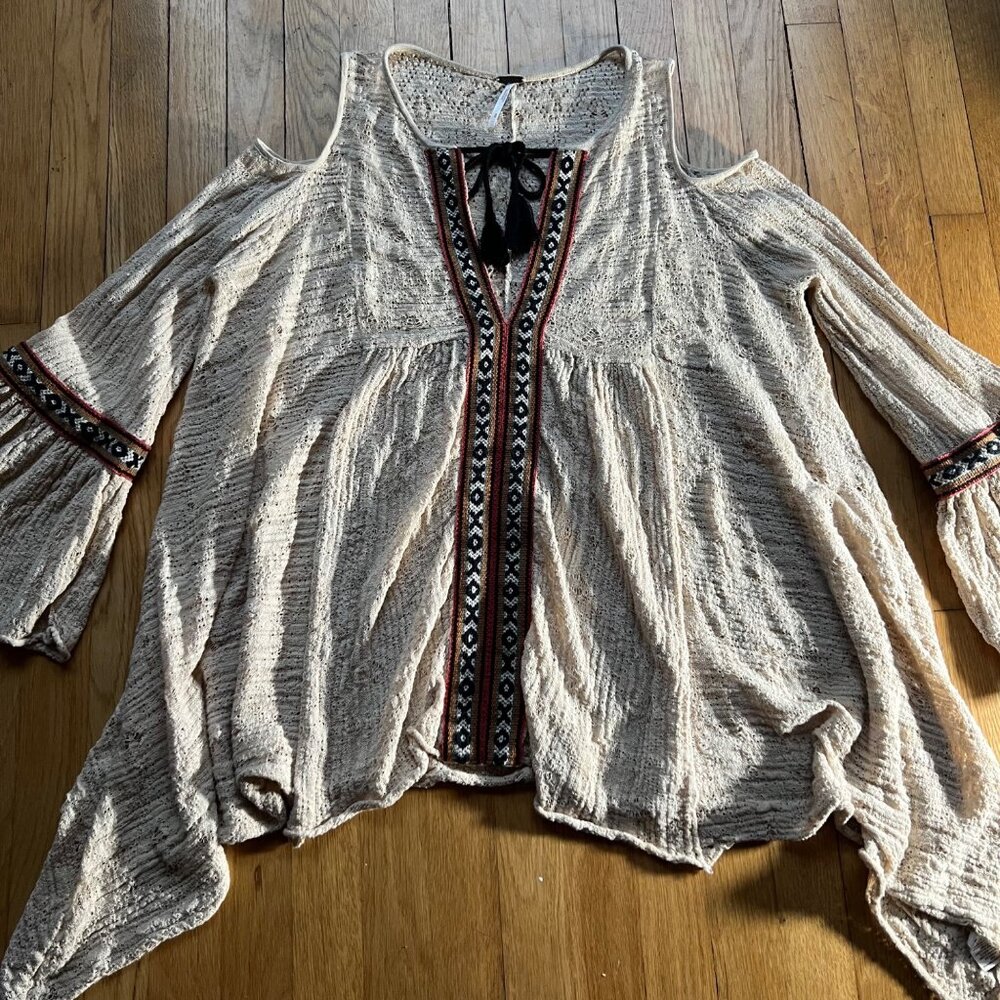 Free People Size S Beige For The Love of Flowers Boho Cold Shoulder Tunic Top - Picture 13 of 16